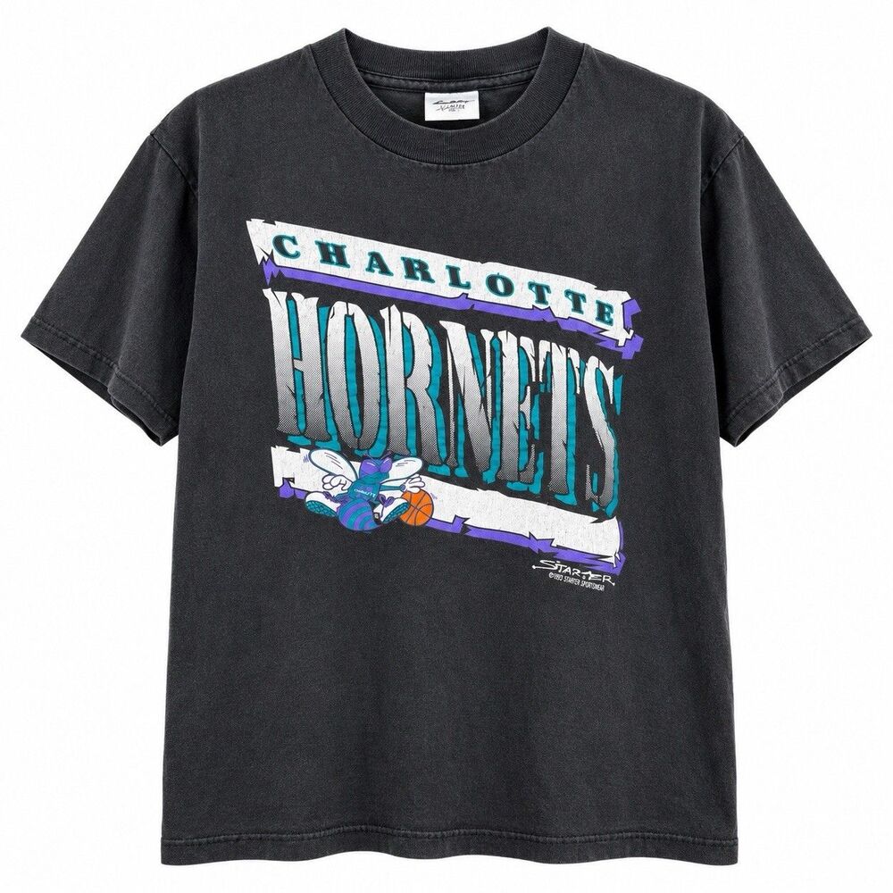 Vintage Charlotte Hornets T Shirt Large NBA Starter 90s Graphic Faded Black Tee